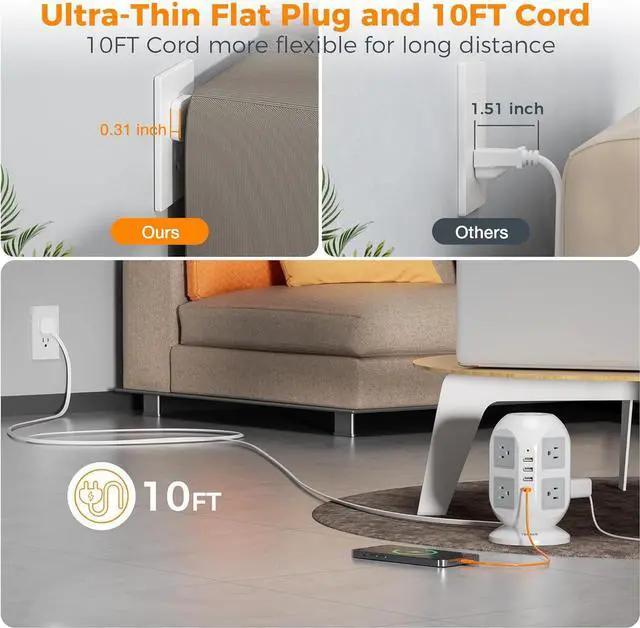 Alt view image 2 of 7 - Tower Surge Protector Power Strip 10 ft, TESSAN Long Flat Extension Cord with Multiple Outlets, 8 AC Outlets with 4 USB Ports (1 USB C), Charging Station with Surge Protection, for Home Office Dorm
