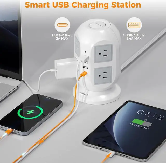 Alt view image 3 of 7 - Tower Surge Protector Power Strip 10 ft, TESSAN Long Flat Extension Cord with Multiple Outlets, 8 AC Outlets with 4 USB Ports (1 USB C), Charging Station with Surge Protection, for Home Office Dorm