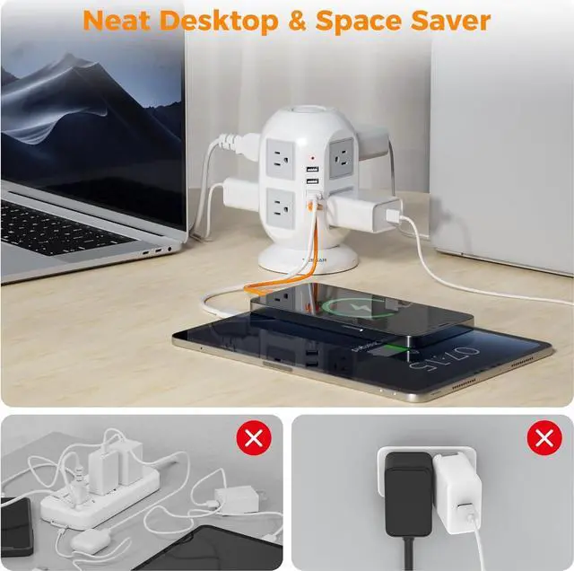 Alt view image 4 of 7 - Tower Surge Protector Power Strip 10 ft, TESSAN Long Flat Extension Cord with Multiple Outlets, 8 AC Outlets with 4 USB Ports (1 USB C), Charging Station with Surge Protection, for Home Office Dorm