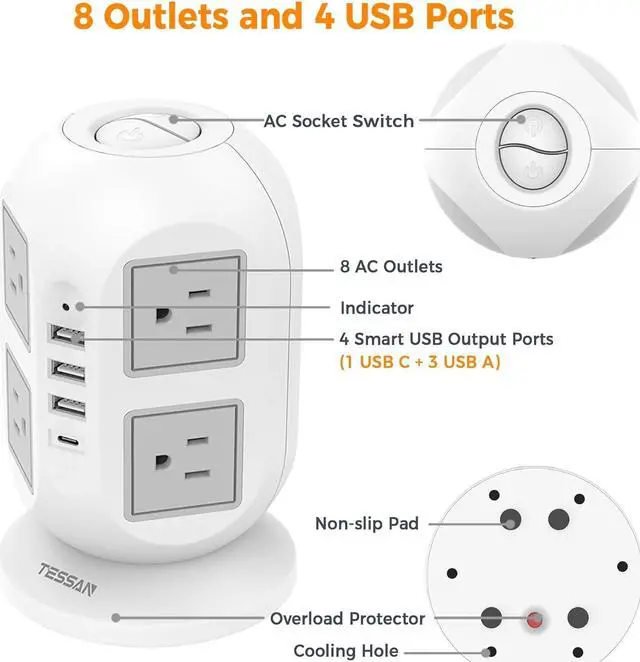 Alt view image 5 of 7 - Tower Surge Protector Power Strip 10 ft, TESSAN Long Flat Extension Cord with Multiple Outlets, 8 AC Outlets with 4 USB Ports (1 USB C), Charging Station with Surge Protection, for Home Office Dorm