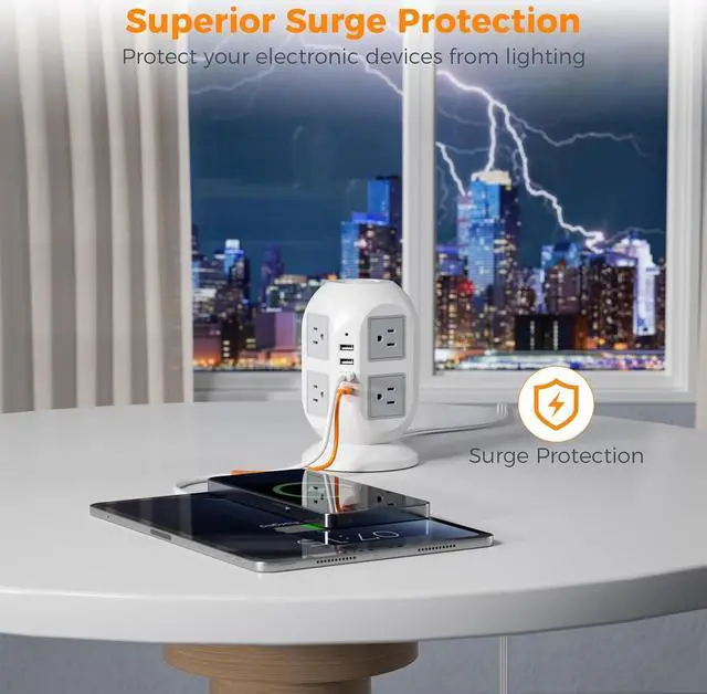 Alt view image 6 of 7 - Tower Surge Protector Power Strip 10 ft, TESSAN Long Flat Extension Cord with Multiple Outlets, 8 AC Outlets with 4 USB Ports (1 USB C), Charging Station with Surge Protection, for Home Office Dorm