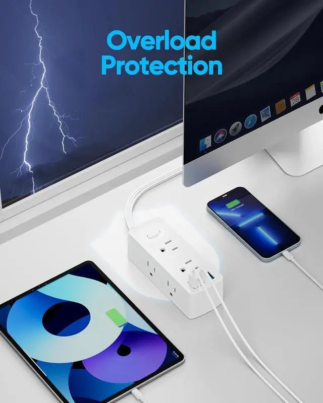 Alt view image 6 of 7 - Power Strip Surge Protector, Olcorife Ultra Thin Flat Plug Extension Cord 5ft, 6 Outlets 3 USB Ports(1 USB C), 3 Sided Outlet Extender for Home Office Travel Dorm Room Essentials, White