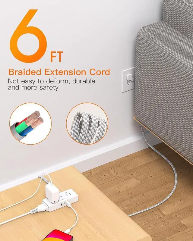 Alt view image 2 of 7 - Flat Extension Cord 6 feet, Flat Plug Power Strip, 4 Widely Outlets with 3 USB Ports (2 USB C), 3 Side Outlet Extender with Extension Cord with Multiple Outlets for Home, Office, Dorm Room Essentials