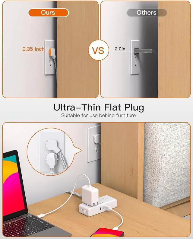 Alt view image 4 of 7 - Flat Extension Cord 6 feet, Flat Plug Power Strip, 4 Widely Outlets with 3 USB Ports (2 USB C), 3 Side Outlet Extender with Extension Cord with Multiple Outlets for Home, Office, Dorm Room Essentials