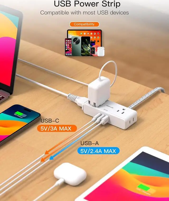 Alt view image 6 of 7 - Flat Extension Cord 6 feet, Flat Plug Power Strip, 4 Widely Outlets with 3 USB Ports (2 USB C), 3 Side Outlet Extender with Extension Cord with Multiple Outlets for Home, Office, Dorm Room Essentials