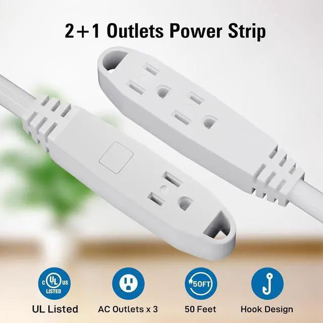 Alt view image 3 of 7 - 50-Feet 3 Outlet Extension Cord, Kasonic UL Listed, 16/3 SJTW 3-Wire Grounded, 13 Amp 125 V 1625 Watts, Multi-Outlet Indoor/Outdoor Use, White