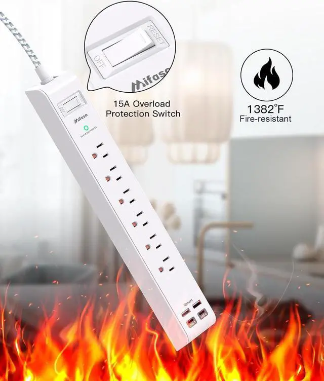 Alt view image 6 of 7 - Surge Protector Power Strip 10 ft with 4 USB Ports 2 USB-C 6 AC Outlets, Flat Plug Extension Cord, USB Charging Station, Wall Mountable for Home, Office, Dorm Essentials, 1080J, ETL Listed