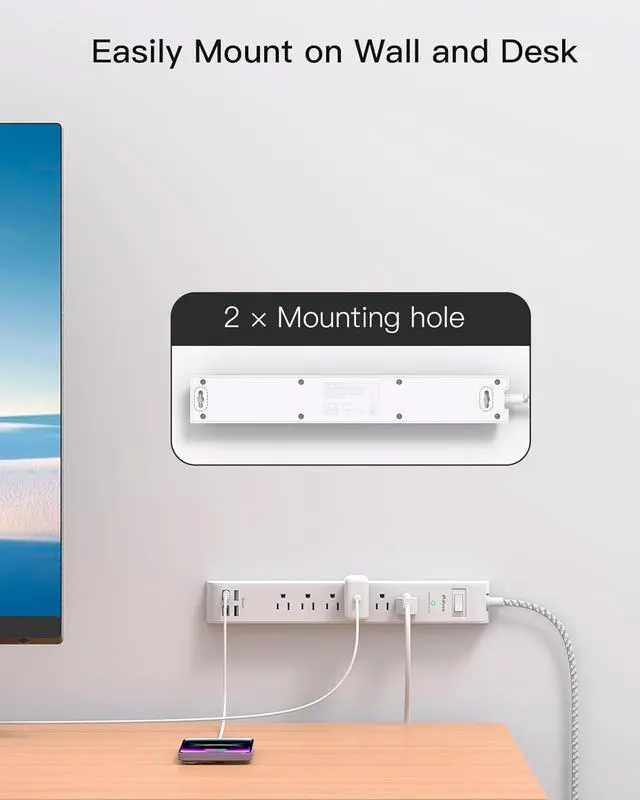 Alt view image 7 of 7 - Surge Protector Power Strip 10 ft with 4 USB Ports 2 USB-C 6 AC Outlets, Flat Plug Extension Cord, USB Charging Station, Wall Mountable for Home, Office, Dorm Essentials, 1080J, ETL Listed