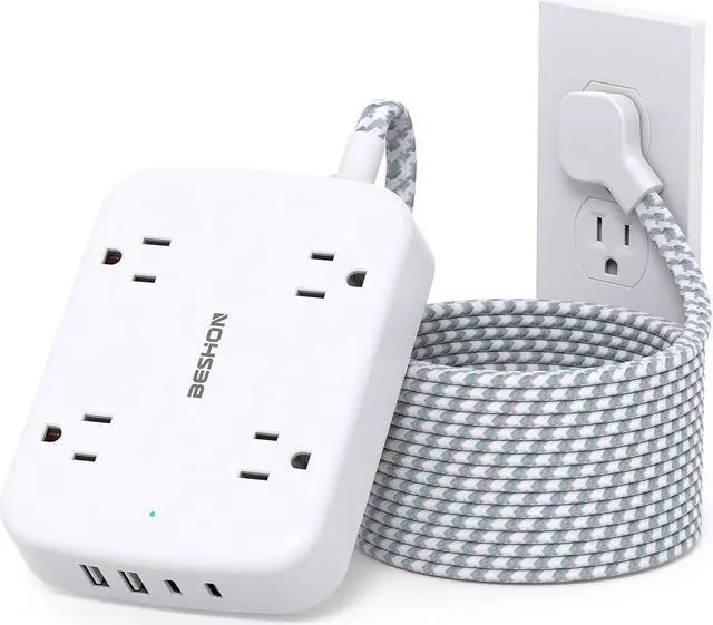 Main image of 10FT Surge Protector Power Strip, Flat Extension Cord with 2 USB C, Flat Plug Power Strip, 4 Widely Outlets and 4 USB Charging Ports, Outlet Extender, 900 Joules, for Home Office Dorm Room Essentials