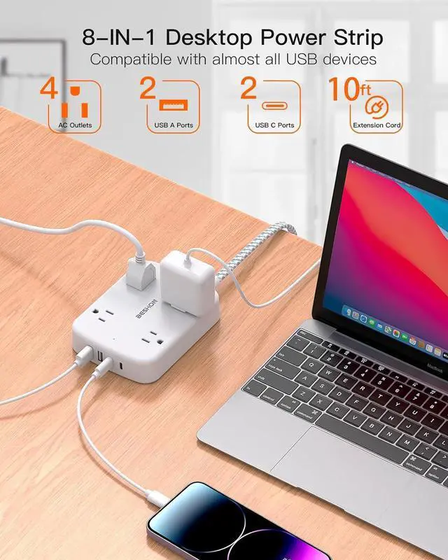 Alt view image 2 of 7 - 10FT Surge Protector Power Strip, Flat Extension Cord with 2 USB C, Flat Plug Power Strip, 4 Widely Outlets and 4 USB Charging Ports, Outlet Extender, 900 Joules, for Home Office Dorm Room Essentials