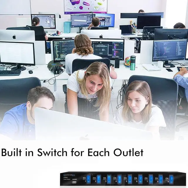 Alt view image 7 of 7 - Power Supply Strip - 9 Power Outlet with Switches, 5V USB Charging Port, 1800 Watts Max Load Power Conditioner, High Load Power Electric Extension Cord Strip - 4 Ft