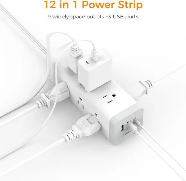 Alt view image 3 of 6 - Surge Protector Power Strip 15 Ft, TESSAN Flat Plug Long Extension Cord with 9 Outlets 3 USB(1 USB C), Surge Protection Mountable Desk Charging Station for Indoor, Home, Office, Dorm Room Essentials