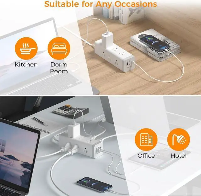 Alt view image 6 of 6 - Surge Protector Power Strip 15 Ft, TESSAN Flat Plug Long Extension Cord with 9 Outlets 3 USB(1 USB C), Surge Protection Mountable Desk Charging Station for Indoor, Home, Office, Dorm Room Essentials