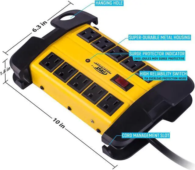 Alt view image 3 of 6 - CRST 10-Outlets Heavy Duty Power Strip Metal Surge Protector with 15 Amps, 15-Foot Power Cord 2800 Joules for Garden, Kitchen, Office, School, ETL Listed(3165047) (10-Outlet, Yellow)