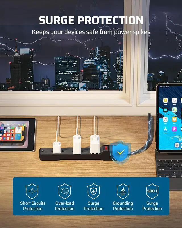 Alt view image 4 of 7 - DEWENWILS 2-Pack 10FT Power Strip Surge Protector, 6-Outlet Strip with Low Profile Flat Plug, 15 Amp Circuit Breaker, 500 Joules, Wall Mount, Black, UL Listed