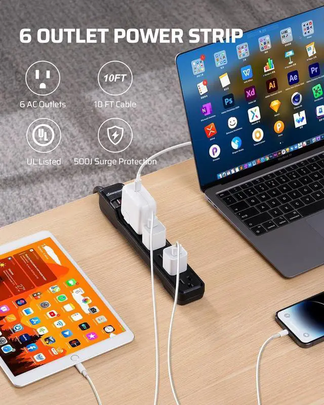 Alt view image 2 of 7 - DEWENWILS 2-Pack 10FT Power Strip Surge Protector, 6-Outlet Strip with Low Profile Flat Plug, 15 Amp Circuit Breaker, 500 Joules, Wall Mount, Black, UL Listed