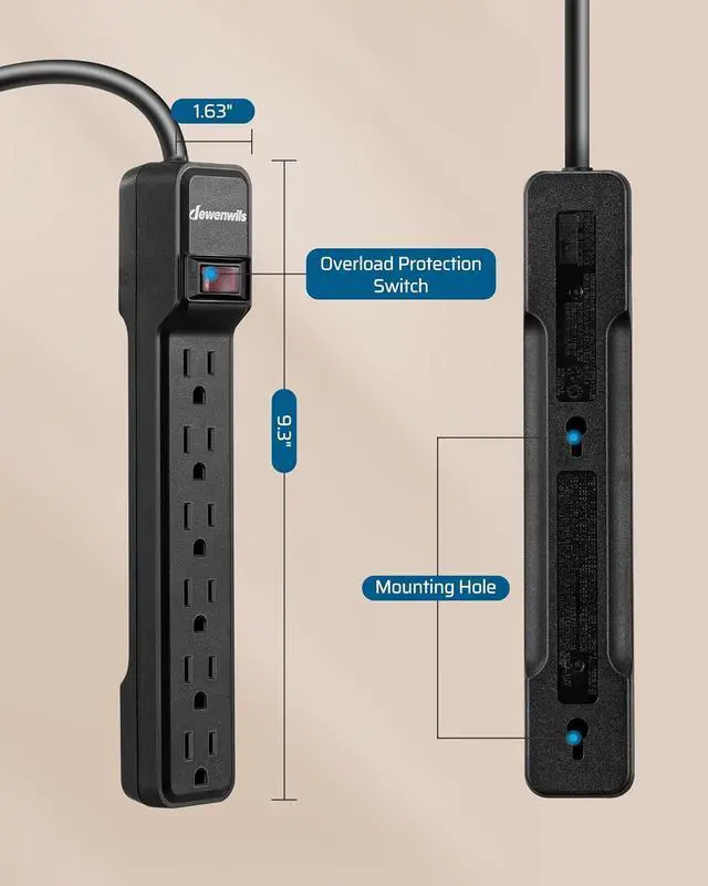 Alt view image 7 of 7 - DEWENWILS 2-Pack 10FT Power Strip Surge Protector, 6-Outlet Strip with Low Profile Flat Plug, 15 Amp Circuit Breaker, 500 Joules, Wall Mount, Black, UL Listed