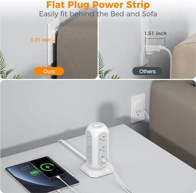 Alt view image 2 of 6 - Tower Power Strip Flat Plug with 11 Outlets 3 USB (1 USB C), TESSAN Surge Protector Tower 1625W/13A,1050J Protection, 6 Feet Extension Cord with Multiple Outlets, Office Desk Supplies, Dorm Essentials