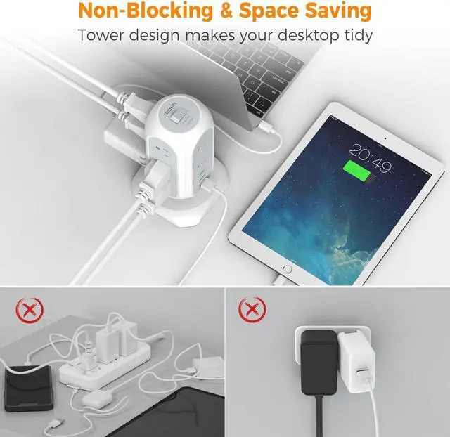 Alt view image 5 of 6 - Tower Power Strip Flat Plug with 11 Outlets 3 USB (1 USB C), TESSAN Surge Protector Tower 1625W/13A,1050J Protection, 6 Feet Extension Cord with Multiple Outlets, Office Desk Supplies, Dorm Essentials
