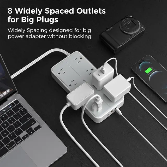 Alt view image 2 of 6 - Power Strip Surge Protector Flat Plug Extension Cord with 8 Outlets 3 USB Charger(1 USB C) 1080 Joules Protection Wall Mountable Charging Station for Home Office School Dorm Room Essentials