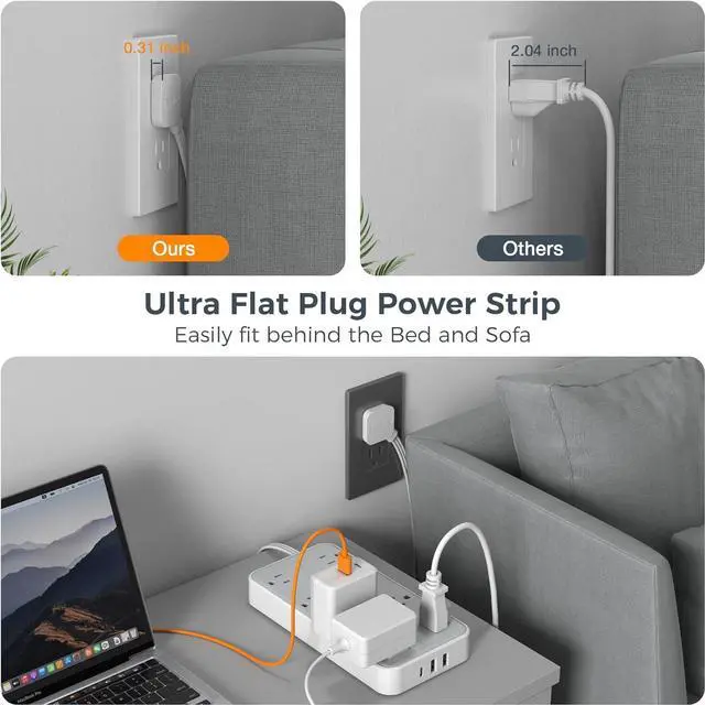 Alt view image 3 of 6 - Power Strip Surge Protector Flat Plug Extension Cord with 8 Outlets 3 USB Charger(1 USB C) 1080 Joules Protection Wall Mountable Charging Station for Home Office School Dorm Room Essentials