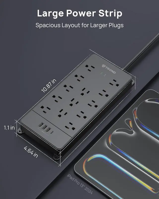 Alt view image 7 of 7 - TROND Surge Protector Power Strip, 4000 Joules, ETL Listed, 13 Widely-Spaced Outlets Expansion with USB C Ports, Low-Profile Flat Plug, Wall Mountable, 5ft Extension Cord, 14AWG Heavy Duty, Black