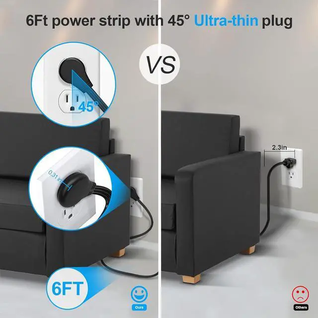 Alt view image 6 of 7 - 2 Pack Ultra Flat Plug Power Strip,Power Strips with 4 Widely Outlets,6 ft Flat Plug Extension Cord with 3 USB Ports(1 USB C Port),Slim Desk Charging Station,Black