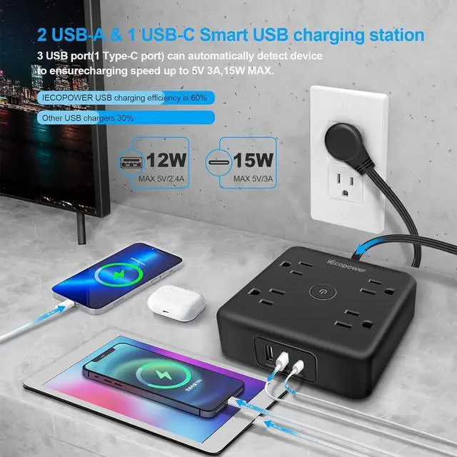 Alt view image 3 of 7 - Surge Protector Power Strip 15 ft Cord,Long Power Strip with 4 Widely Outlets, Thin Extension Cord with 3 USB Ports(1 USB C Port),Slim Desk Charging Station,Black(2 Pack)