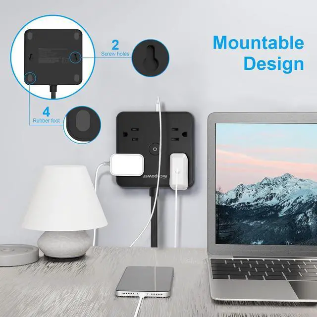 Alt view image 7 of 7 - Surge Protector Power Strip 15 ft Cord,Long Power Strip with 4 Widely Outlets, Thin Extension Cord with 3 USB Ports(1 USB C Port),Slim Desk Charging Station,Black(2 Pack)