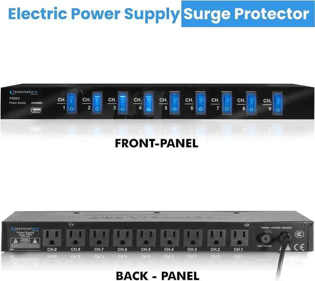 Alt view image 6 of 7 - Power Supply Strip - 9 Power Outlet with Switches, 5V USB Charging Port, 1800 Watts Max Load Power Conditioner, High Load Power Electric Extension Cord Strip - 4 Ft