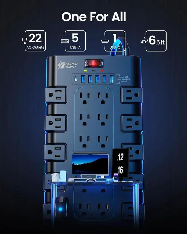 Alt view image 2 of 7 - Power Strip, SUPERDANNY Surge Protector with 22 AC Outlets and 6 USB Charging Ports, 1875W/15A, 2100 Joules, 6.5Ft Flat Plug Heavy Duty Extension Cord for Home, Office, Dorm, Gaming Room, Black