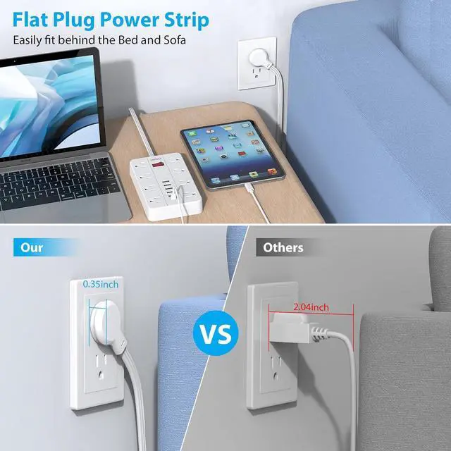 Alt view image 2 of 7 - Power Strip with USB,Surge Protector Flat Plug with 8 Widely Spaced Outlets and 6 USB Ports(1 USB C), 5ft Extension Cord Wall Mountable Phone Tablet Laptop Computer Multiple Devices