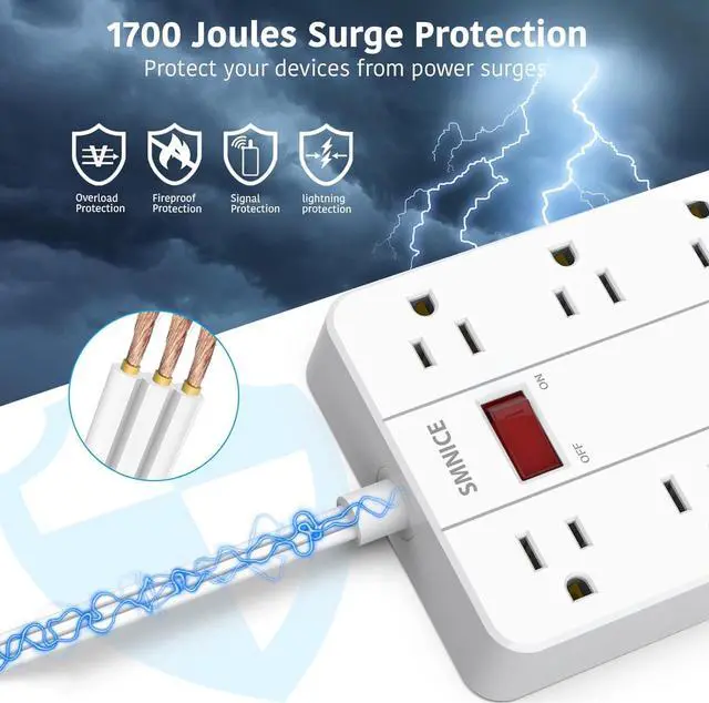 Alt view image 4 of 7 - Power Strip with USB,Surge Protector Flat Plug with 8 Widely Spaced Outlets and 6 USB Ports(1 USB C), 5ft Extension Cord Wall Mountable Phone Tablet Laptop Computer Multiple Devices