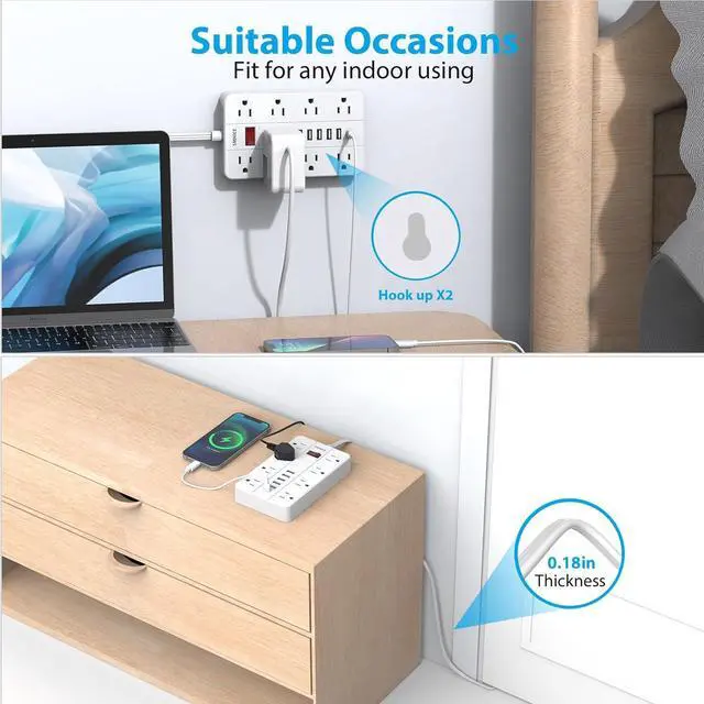 Alt view image 6 of 7 - Power Strip with USB,Surge Protector Flat Plug with 8 Widely Spaced Outlets and 6 USB Ports(1 USB C), 5ft Extension Cord Wall Mountable Phone Tablet Laptop Computer Multiple Devices