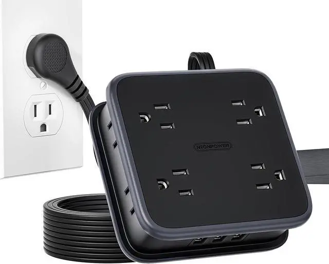 Main image of 10FT Extension Cord, Flat Extension Cord with 8 Widely Outlets 3 USB Ports, Flat Plug Power Strip, 3-Sided Outlet Extender, Wall Mounted Extension Cord with Multiple Outlets for Home Office Dorm Room