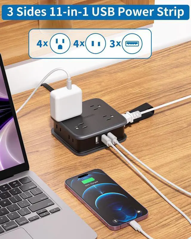 Alt view image 3 of 7 - 10FT Extension Cord, Flat Extension Cord with 8 Widely Outlets 3 USB Ports, Flat Plug Power Strip, 3-Sided Outlet Extender, Wall Mounted Extension Cord with Multiple Outlets for Home Office Dorm Room