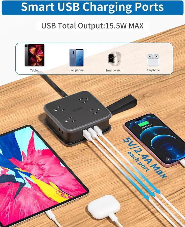 Alt view image 4 of 7 - 10FT Extension Cord, Flat Extension Cord with 8 Widely Outlets 3 USB Ports, Flat Plug Power Strip, 3-Sided Outlet Extender, Wall Mounted Extension Cord with Multiple Outlets for Home Office Dorm Room