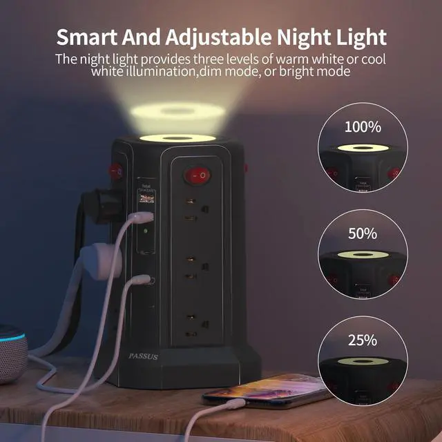 Alt view image 3 of 7 - Long Surge Protector Power Strip 16 FT Cord, PD20W USB C Power Strip Tower with Night Light, Extension Cord with Multiple Outlets with 4 USB Ports, PASSUS Charging Station Home Office Essentials Black