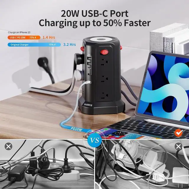 Alt view image 4 of 7 - Long Surge Protector Power Strip 16 FT Cord, PD20W USB C Power Strip Tower with Night Light, Extension Cord with Multiple Outlets with 4 USB Ports, PASSUS Charging Station Home Office Essentials Black