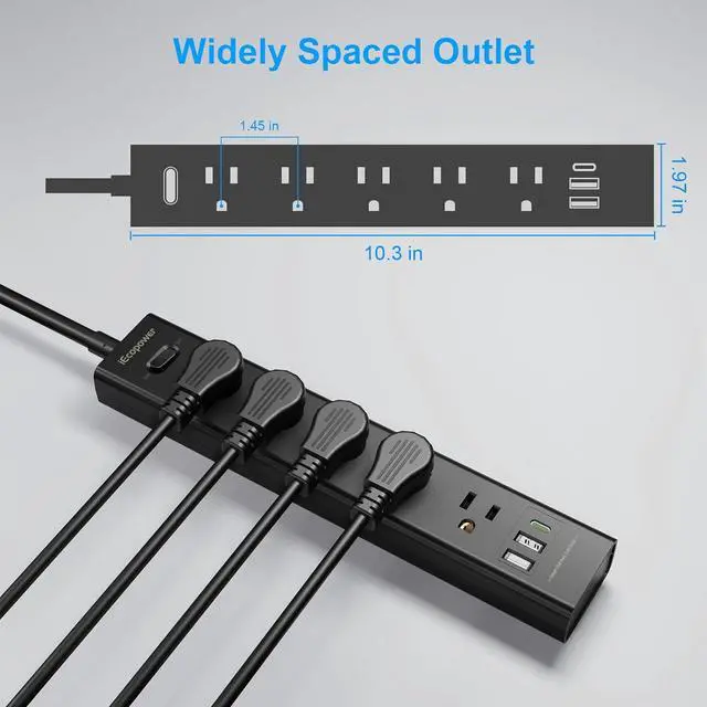 Alt view image 5 of 7 - 10FT Long Surge Protector Power Strip-with 5 Widely Outlets and 3 USB Ports(1 USB C Port),10 Foot Extension Cord(1250W/10A),Wall Mount for Home Office,700 J,Black(2 Pack)
