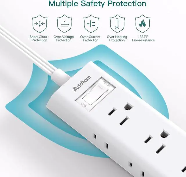 Alt view image 7 of 7 - 2 Pack Surge Protector Power Strip - Flat Plug Extension Cord, 12 Outlet Extender 3 Sides with Overload Protection, 5ft, 1050J, Wall Mount Multi Plug Adapter for Home Office College Dorm Essentials