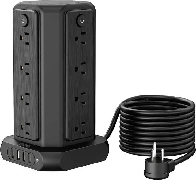Main image of Surge Protector Power Strip Tower with USB Ports, 15 FT Extension Cord Tower with 16 Widely Spaced Outlets 4 USB Ports, 1080 Joules, Overload Protection, Flat Plug Power Strip for Home, Office, Black