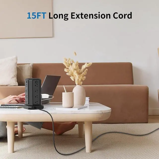 Alt view image 4 of 7 - Surge Protector Power Strip Tower with USB Ports, 15 FT Extension Cord Tower with 16 Widely Spaced Outlets 4 USB Ports, 1080 Joules, Overload Protection, Flat Plug Power Strip for Home, Office, Black
