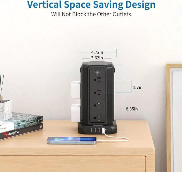 Alt view image 3 of 7 - Surge Protector Power Strip Tower with USB Ports, 15 FT Extension Cord Tower with 16 Widely Spaced Outlets 4 USB Ports, 1080 Joules, Overload Protection, Flat Plug Power Strip for Home, Office, Black