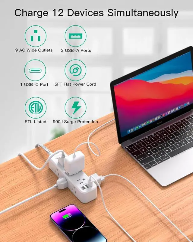 Alt view image 2 of 7 - Mifaso Extension Cord, Surge Protector Power Strip, Extension Cord with 9 Outlets 3 USB Ports, Extension Cord with Multiple Outlets, 5FT USB Power Strip for Dorm Room Essentials, College, White