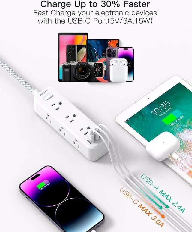 Alt view image 3 of 7 - Mifaso Extension Cord, Surge Protector Power Strip, Extension Cord with 9 Outlets 3 USB Ports, Extension Cord with Multiple Outlets, 5FT USB Power Strip for Dorm Room Essentials, College, White
