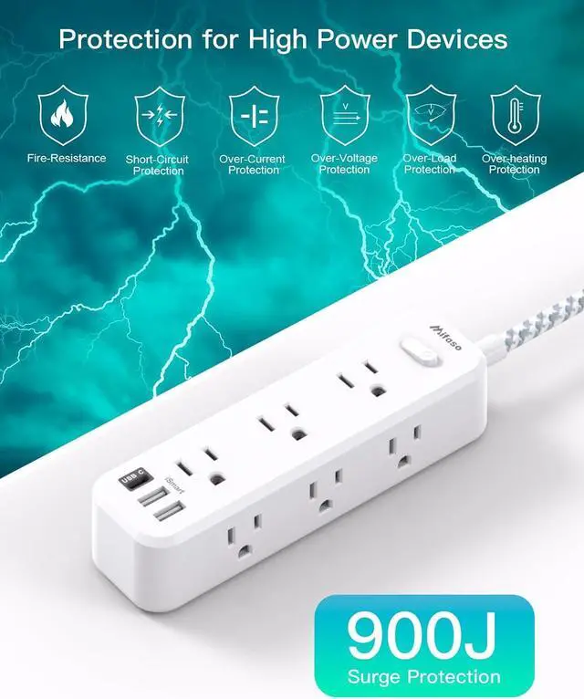 Alt view image 4 of 7 - Mifaso Extension Cord, Surge Protector Power Strip, Extension Cord with 9 Outlets 3 USB Ports, Extension Cord with Multiple Outlets, 5FT USB Power Strip for Dorm Room Essentials, College, White