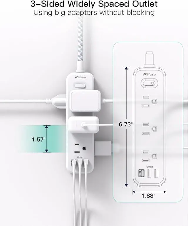 Alt view image 6 of 7 - Mifaso Extension Cord, Surge Protector Power Strip, Extension Cord with 9 Outlets 3 USB Ports, Extension Cord with Multiple Outlets, 5FT USB Power Strip for Dorm Room Essentials, College, White