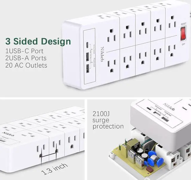 Alt view image 2 of 7 - Power Strip Surge Protector 23 in 1, 6ft Extension Cord with 3 USB Ports Smart 3.1A, Multiple Outlet Adapter 20 Outlets, Outlet Extender Cord Organizer for Office, College, Apartment, Gaming Stuff