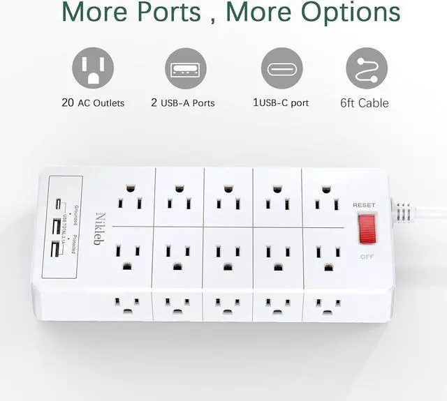 Alt view image 4 of 7 - Power Strip Surge Protector 23 in 1, 6ft Extension Cord with 3 USB Ports Smart 3.1A, Multiple Outlet Adapter 20 Outlets, Outlet Extender Cord Organizer for Office, College, Apartment, Gaming Stuff